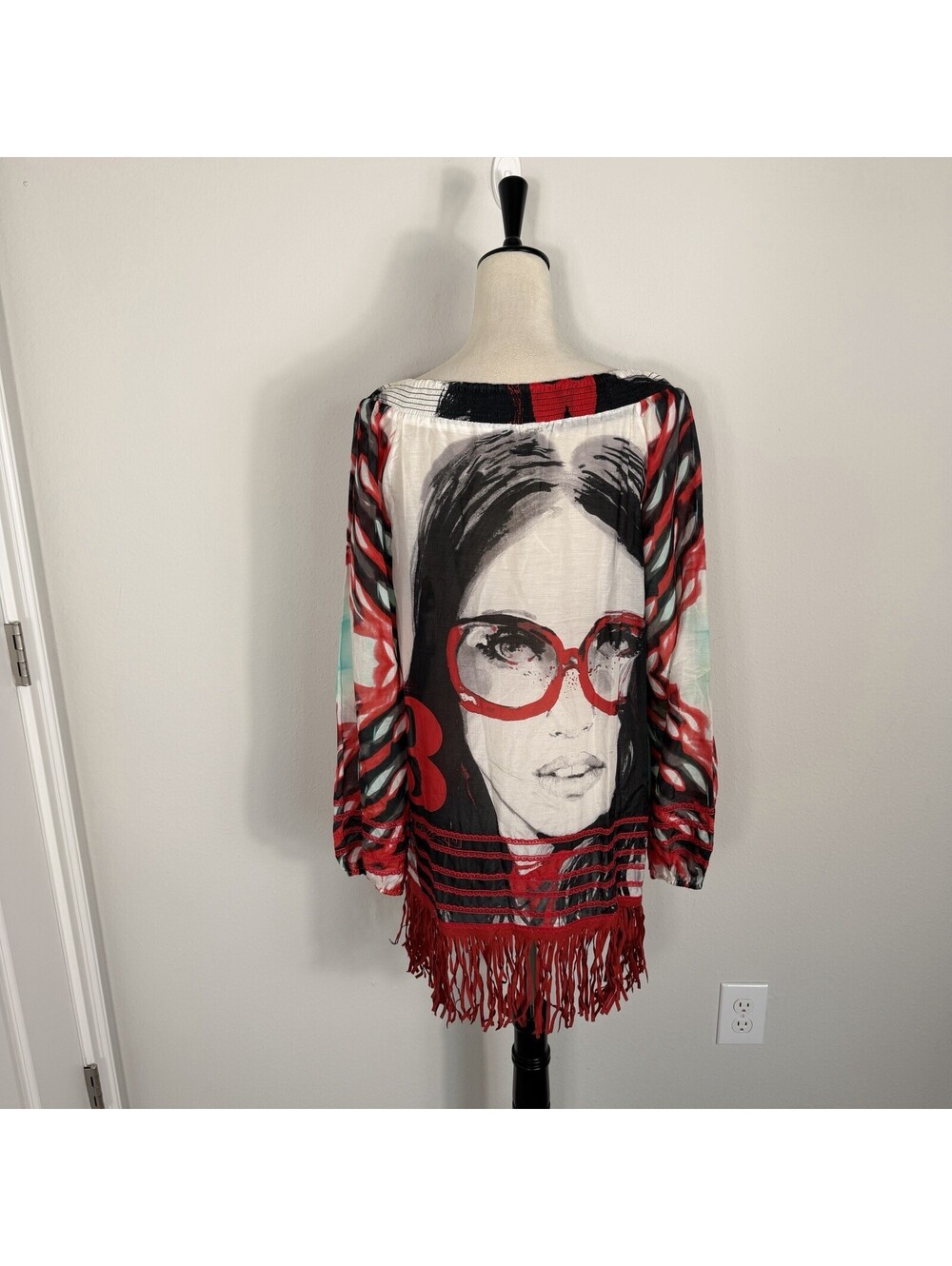 Womens Y2K Custo Barcelona Face Graphic Dress Abstract Fringe Silk Blend Size 2 - Picture 6 of 9